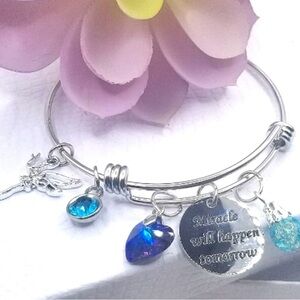stainless steel adjustable charm bangle bracelet ,blue crystal accents